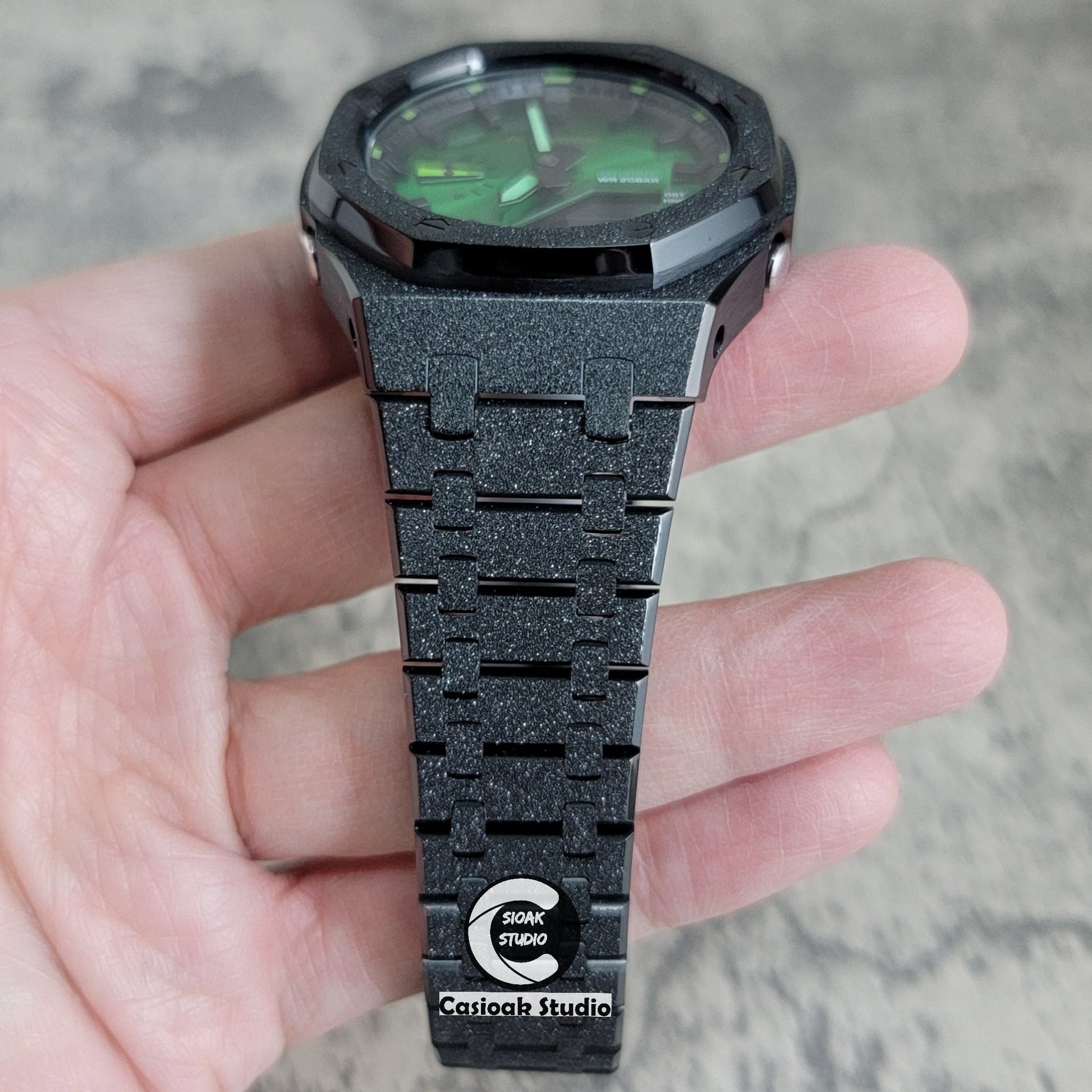 Casioak Mod Watch Frosted Black Case Metal Strap Black Time Mark Green Dial 44mm- Casioak Mod Casio G-Shock Royal Oak Custom Mens Luxury Watches Ga2100