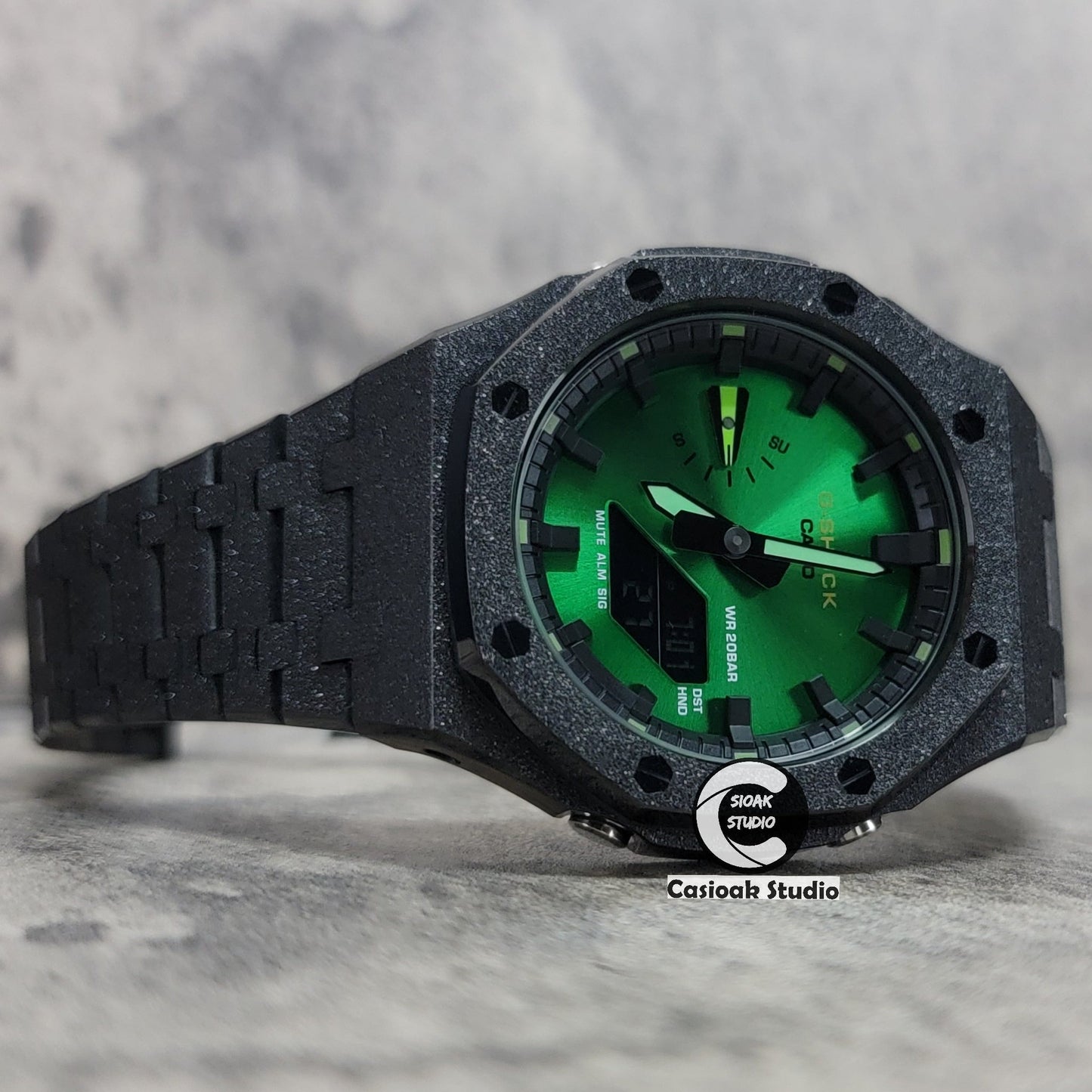 Casioak Mod Watch Frosted Black Case Metal Strap Black Time Mark Green Dial 44mm- Casioak Mod Casio G-Shock Royal Oak Custom Mens Luxury Watches Ga2100