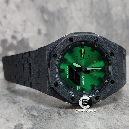 Casioak Mod Watch Frosted Black Case Metal Strap Black Time Mark Green Dial 44mm- Casioak Mod Casio G-Shock Royal Oak Custom Mens Luxury Watches Ga2100