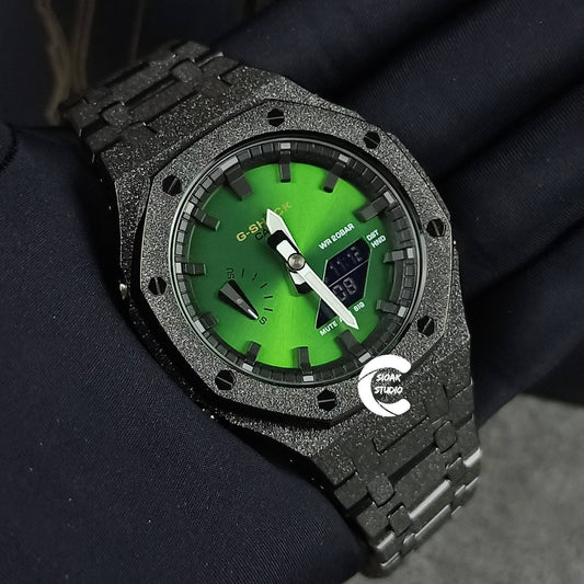 Casioak Mod Watch Frosted Black Case Metal Strap Black Time Mark Green Dial 44mm- Casioak Mod Casio G-Shock Royal Oak Custom Mens Luxury Watches Ga2100