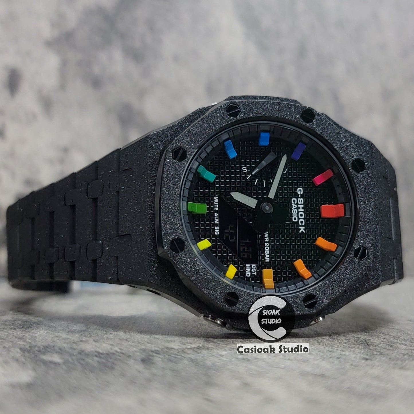 Casioak Mod Watch Frosted Black Case Metal Strap Blue Black Rainbow Time Mark Black Waffle Dial 44mm- Casioak Mod Casio G-Shock Royal Oak Custom Mens Luxury Watches Ga2100