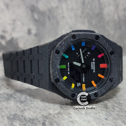 Casioak Mod Watch Frosted Black Case Metal Strap Blue Black Rainbow Time Mark Black Waffle Dial 44mm- Casioak Mod Casio G-Shock Royal Oak Custom Mens Luxury Watches Ga2100