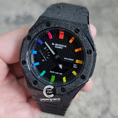 Casioak Mod Watch Frosted Black Case Metal Strap Blue Black Rainbow Time Mark Black Waffle Dial 44mm- Casioak Mod Casio G-Shock Royal Oak Custom Mens Luxury Watches Ga2100