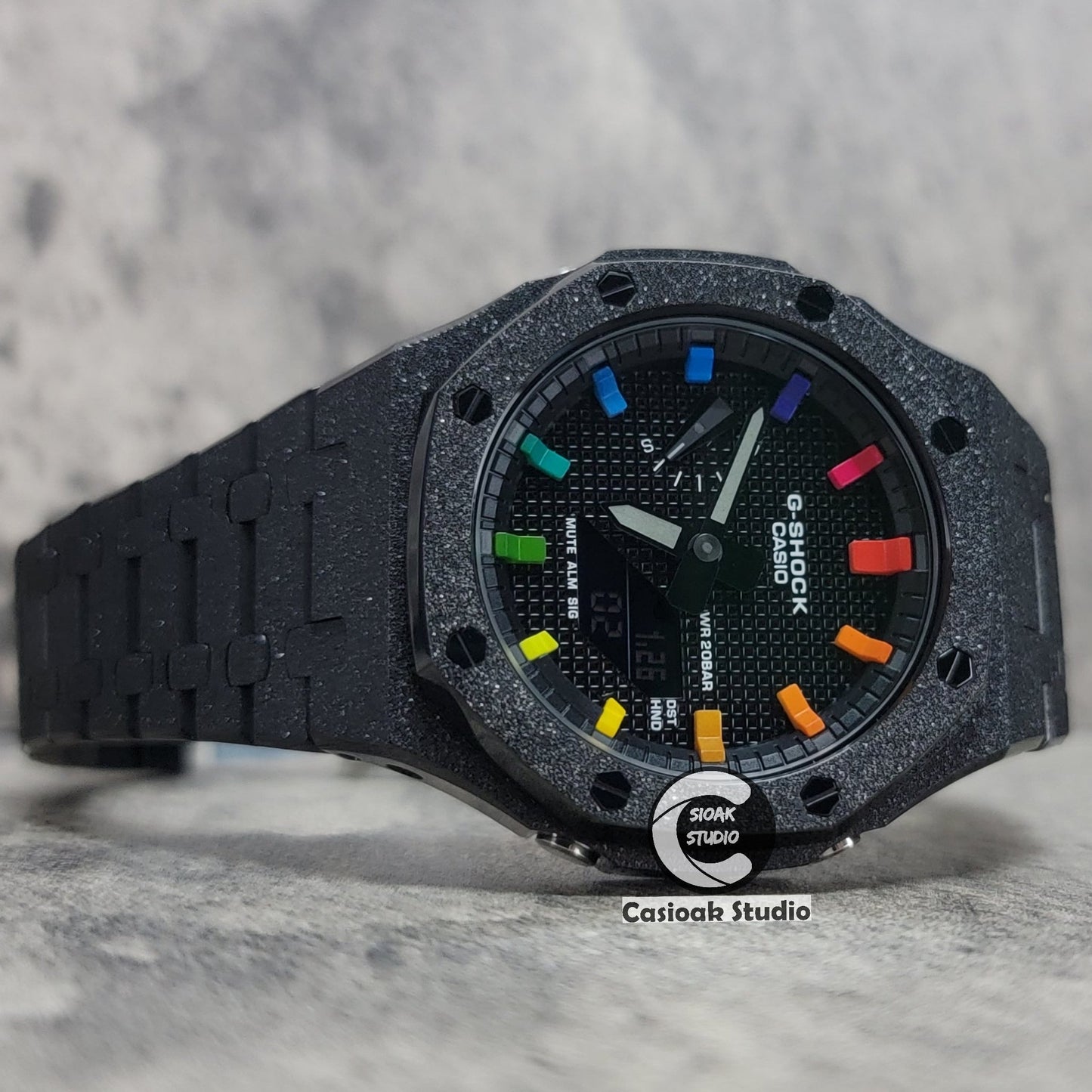 Casioak Mod Watch Frosted Black Case Metal Strap Blue Black Rainbow Time Mark Black Waffle Dial 44mm- Casioak Mod Casio G-Shock Royal Oak Custom Mens Luxury Watches Ga2100