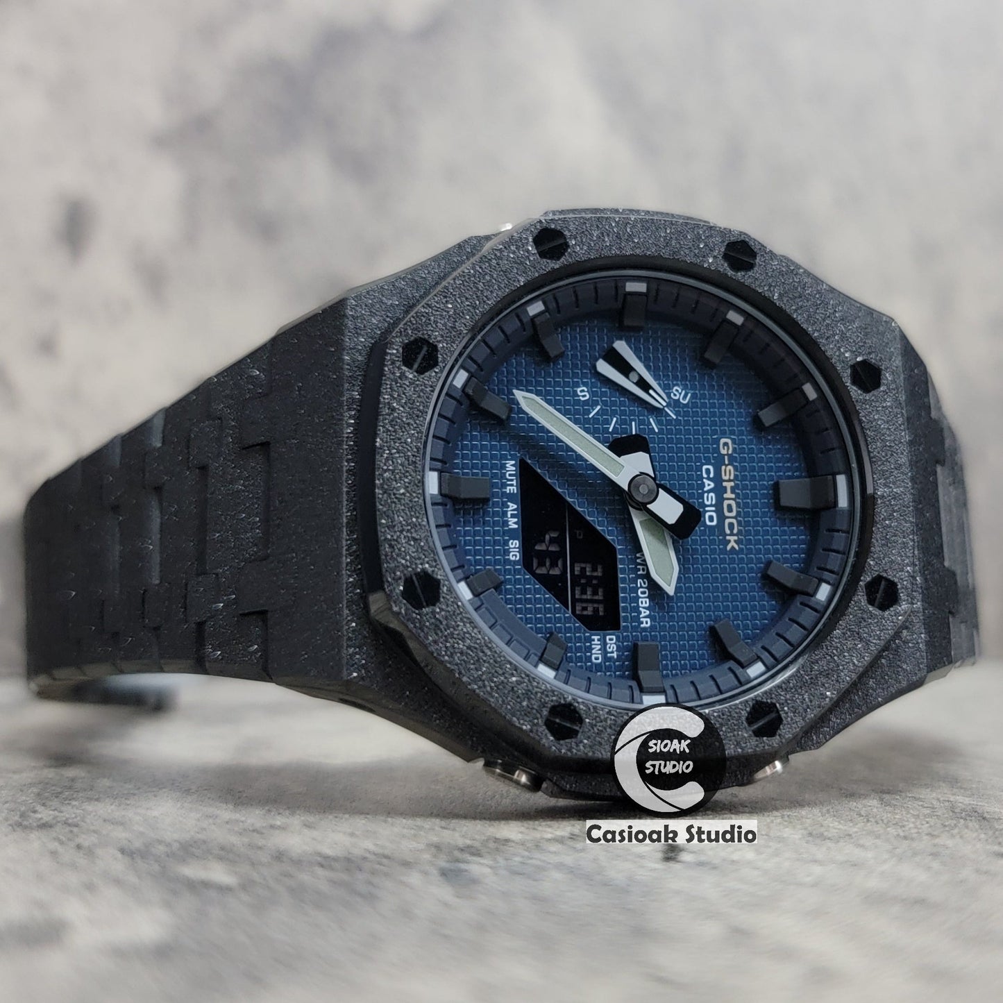 Casioak Mod Watch Frosted Black Case Metal Strap Blue Black Time Mark Blue Waffle Dial 44mm- Casioak Mod Casio G-Shock Royal Oak Custom Mens Luxury Watches Ga2100