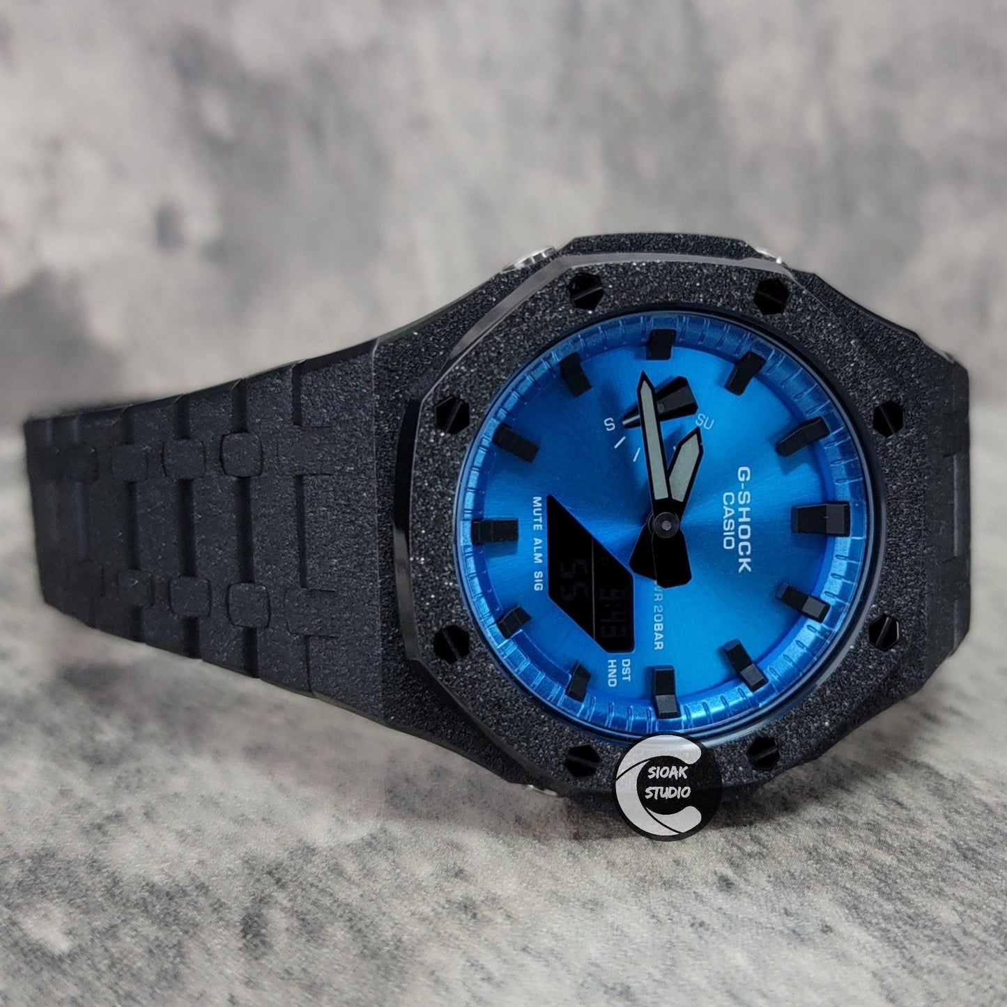 Casioak Mod Watch Frosted Black Case Metal Strap Blue Black Time Mark Metallic Blue Dial 44mm Gift men- Casioak Mod Casio G-Shock Royal Oak Custom Mens Luxury Watches Ga2100