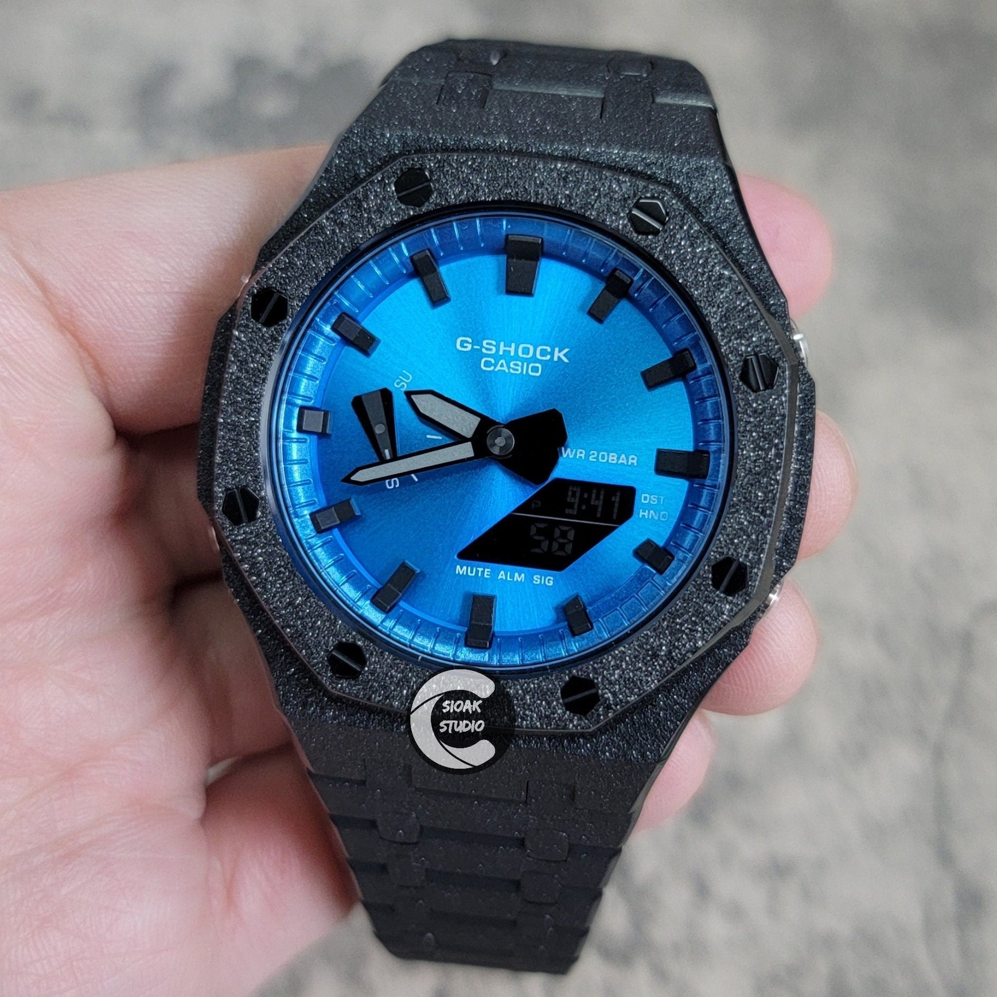 Casioak Mod Watch Frosted Black Case Metal Strap Blue Black Time Mark Metallic Blue Dial 44mm Gift men- Casioak Mod Casio G-Shock Royal Oak Custom Mens Luxury Watches Ga2100