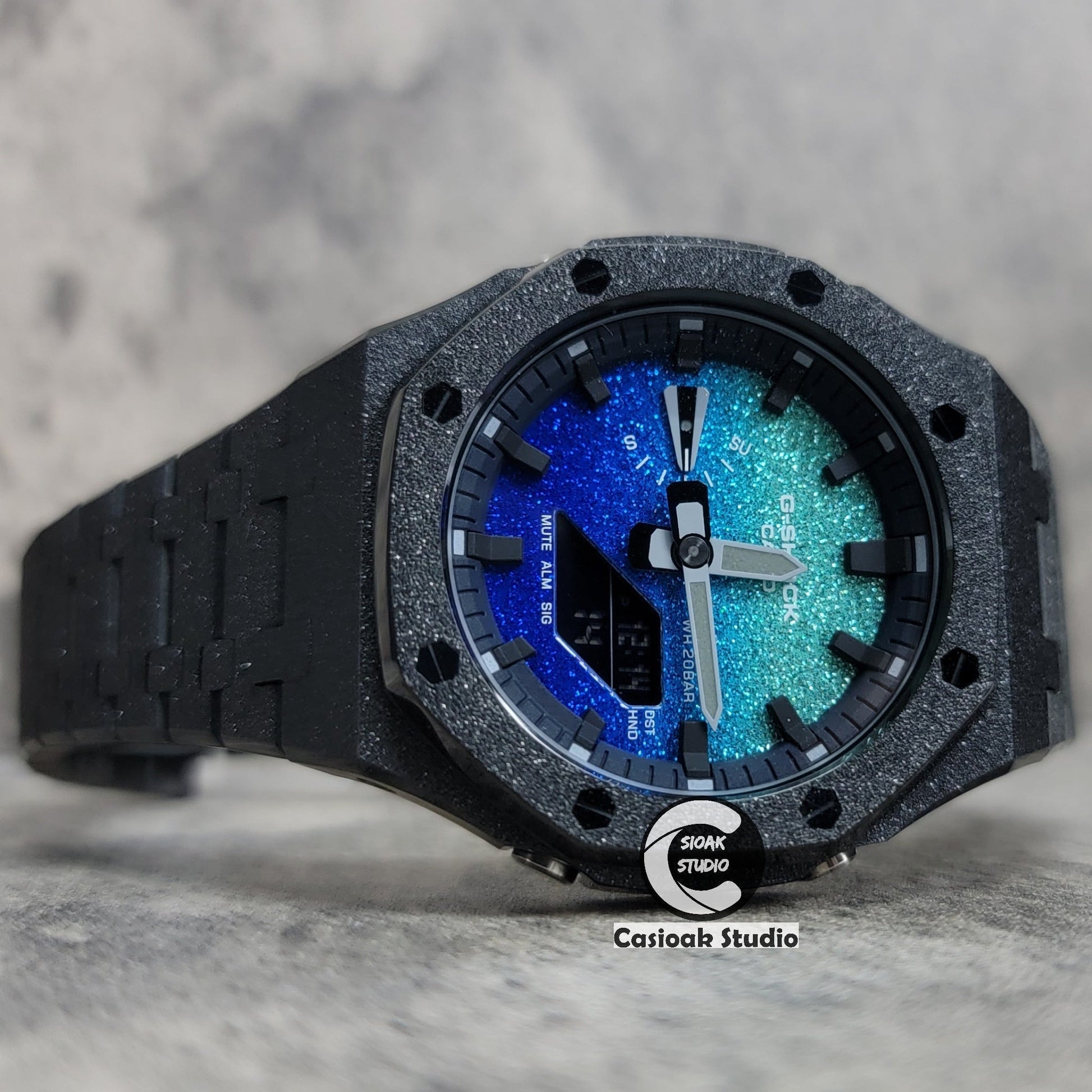 Casioak Mod Watch Frosted Black Case Metal Strap Blue Black Time Mark Starry Blue Dial 44mm- Casioak Mod Casio G-Shock Royal Oak Custom Mens Luxury Watches Ga2100