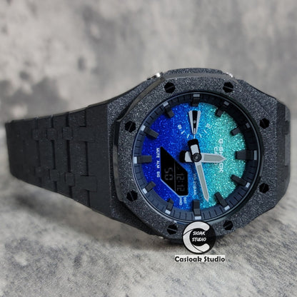 Casioak Mod Watch Frosted Black Case Metal Strap Blue Black Time Mark Starry Blue Dial 44mm- Casioak Mod Casio G-Shock Royal Oak Custom Mens Luxury Watches Ga2100