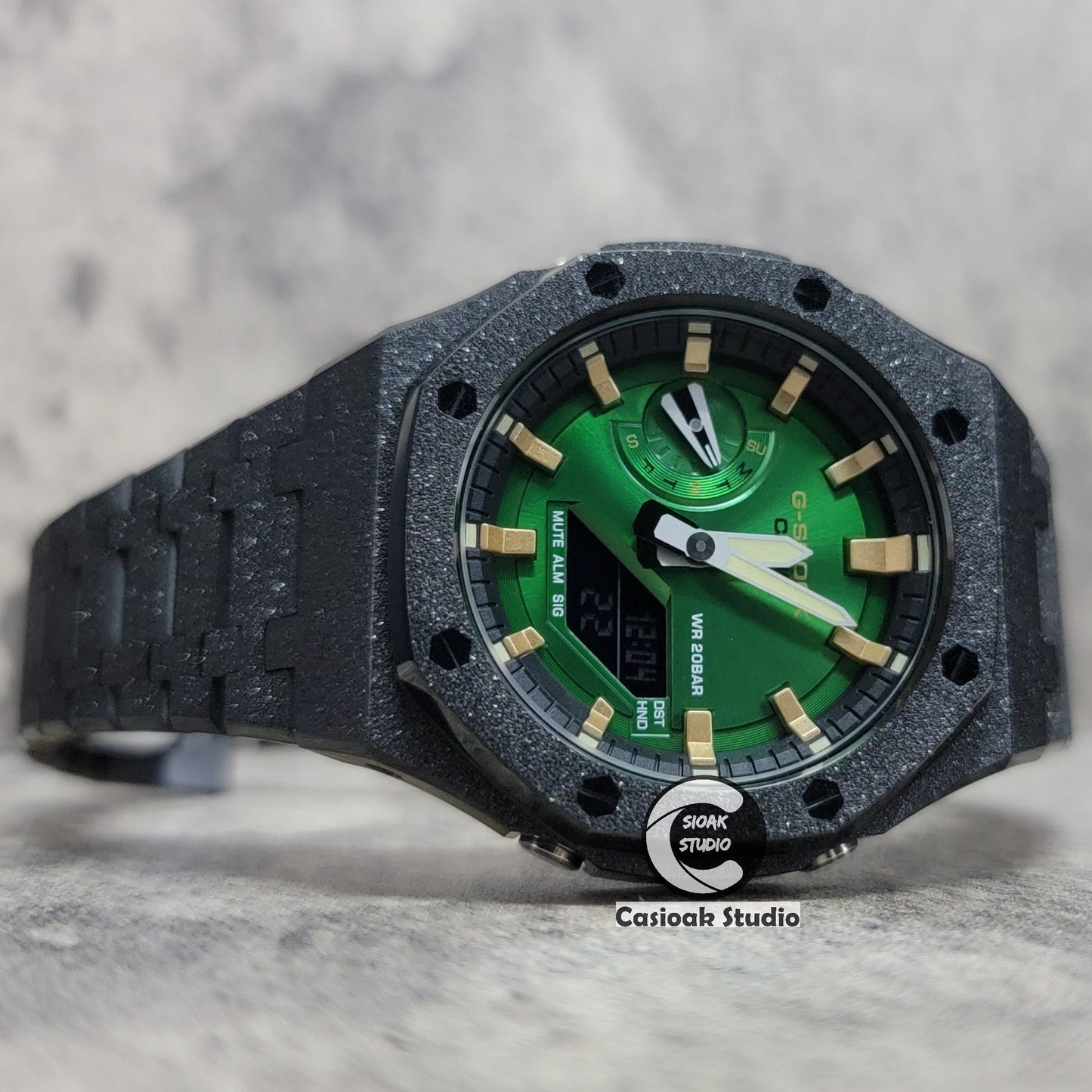 Casioak Mod Watch Frosted Black Case Metal Strap Gold Time Mark Green Dial 44mm- Casioak Mod Casio G-Shock Royal Oak Custom Mens Luxury Watches Ga2100