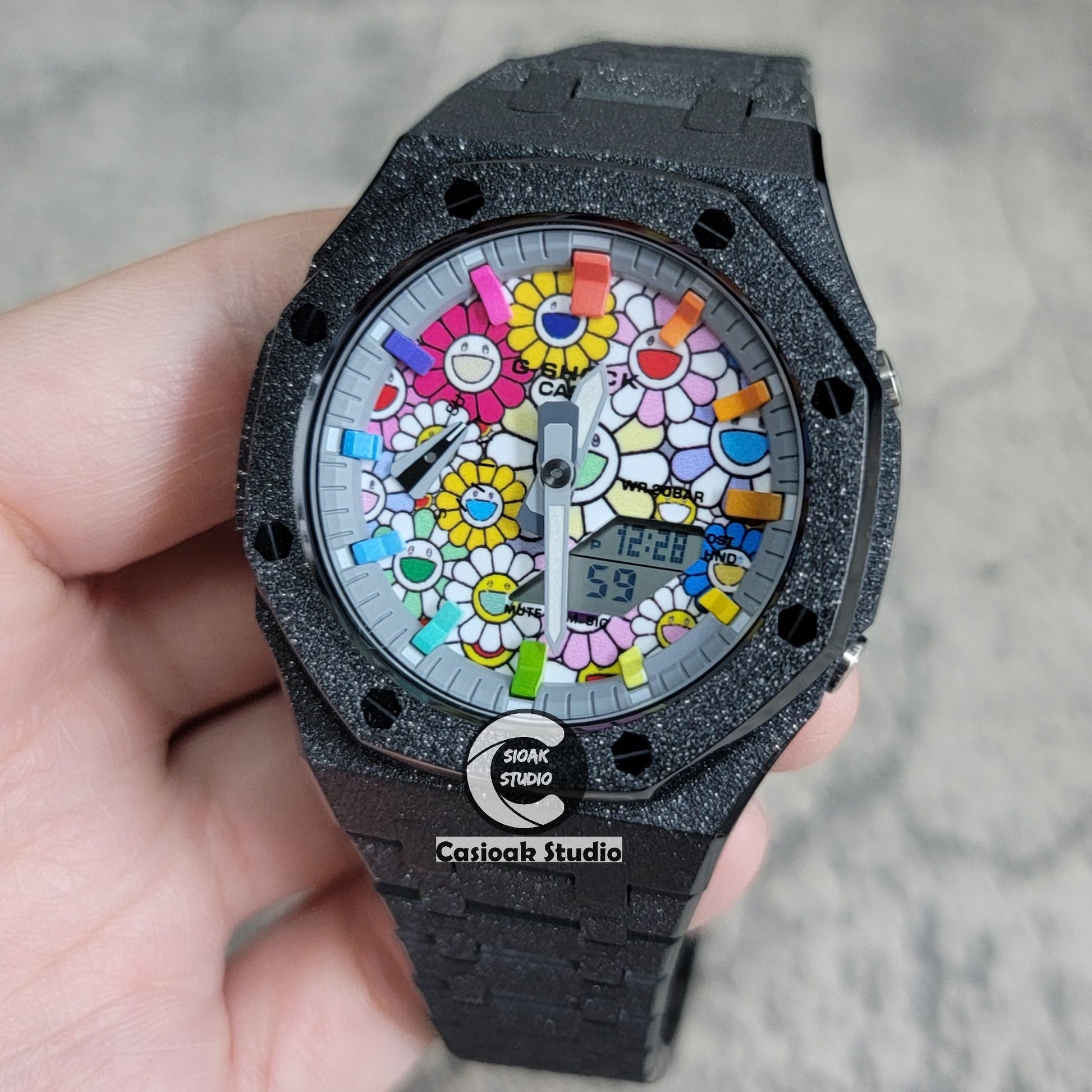 Casioak Mod Watch Frosted Black Case Metal Strap Gray Rainbow Time Mark Takashi Murakami Dial 44mm- Casioak Mod Casio G-Shock Royal Oak Custom Mens Luxury Watches Ga2100