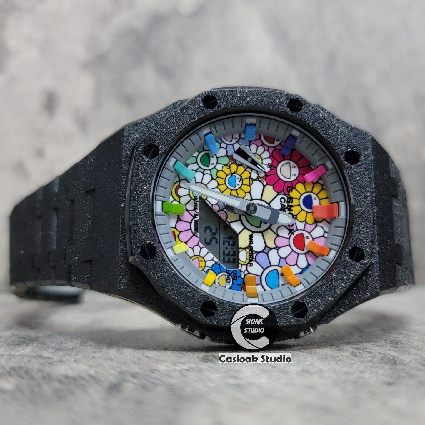 Casioak Mod Watch Frosted Black Case Metal Strap Gray Rainbow Time Mark Takashi Murakami Dial 44mm- Casioak Mod Casio G-Shock Royal Oak Custom Mens Luxury Watches Ga2100