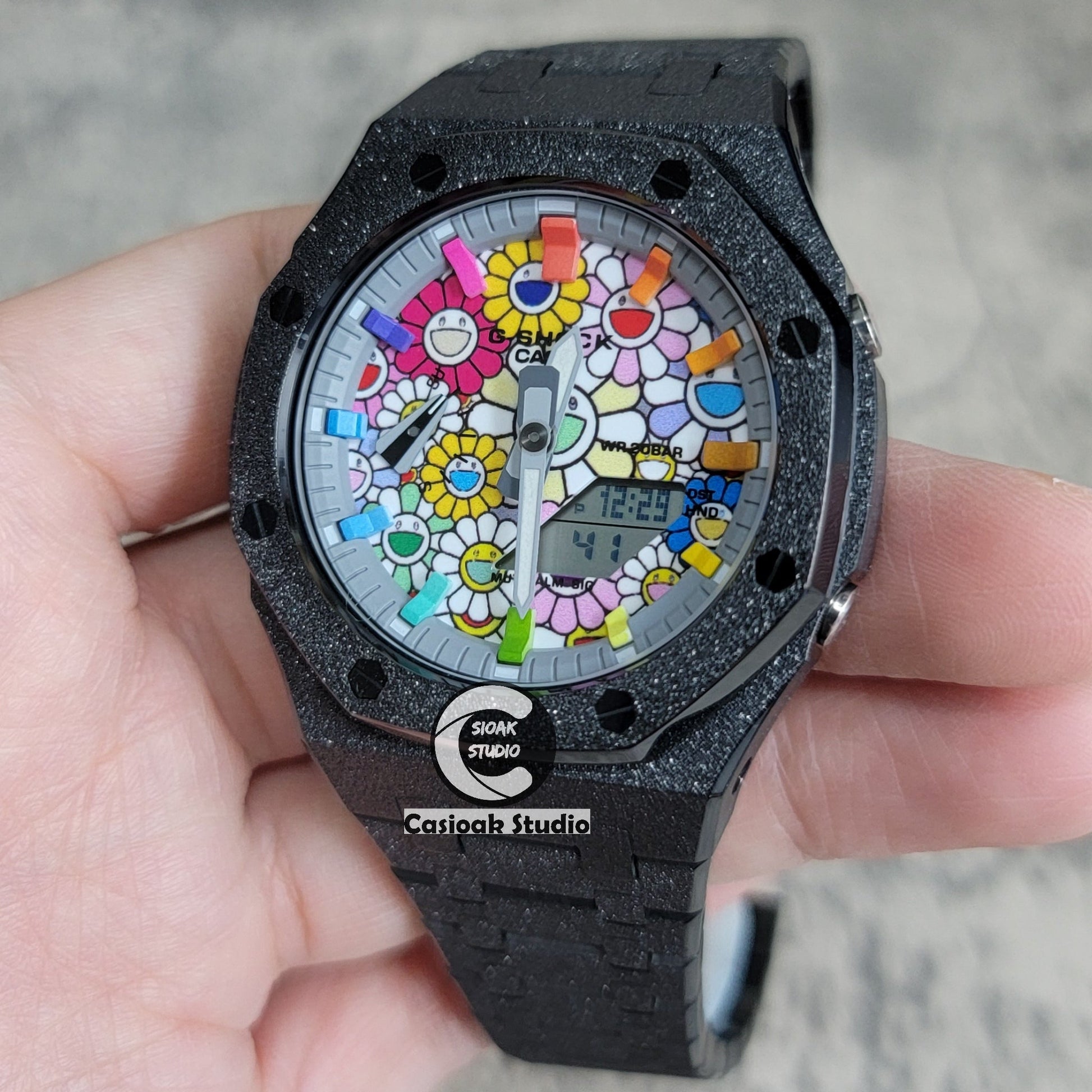 Casioak Mod Watch Frosted Black Case Metal Strap Gray Rainbow Time Mark Takashi Murakami Dial 44mm- Casioak Mod Casio G-Shock Royal Oak Custom Mens Luxury Watches Ga2100