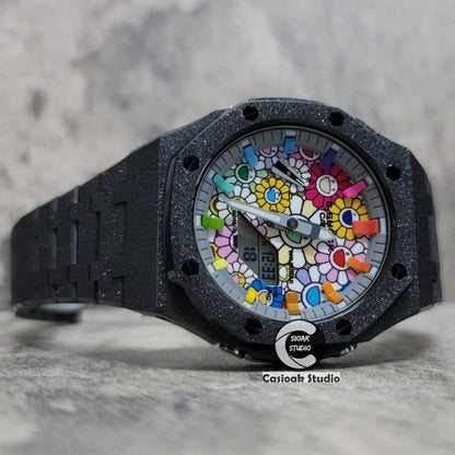 Casioak Mod Watch Frosted Black Case Metal Strap Gray Rainbow Time Mark Takashi Murakami Dial 44mm- Casioak Mod Casio G-Shock Royal Oak Custom Mens Luxury Watches Ga2100