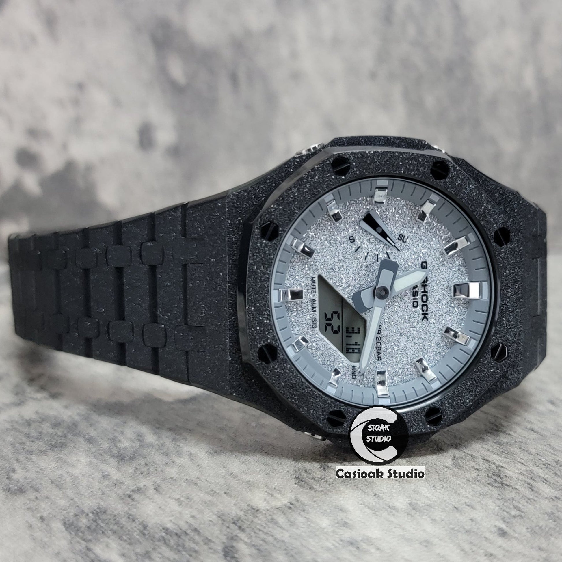 Casioak Mod Watch Frosted Black Case Metal Strap Gray Silver Time Mark Starry Silver Dial 44mm- Casioak Mod Casio G-Shock Royal Oak Custom Mens Luxury Watches Ga2100