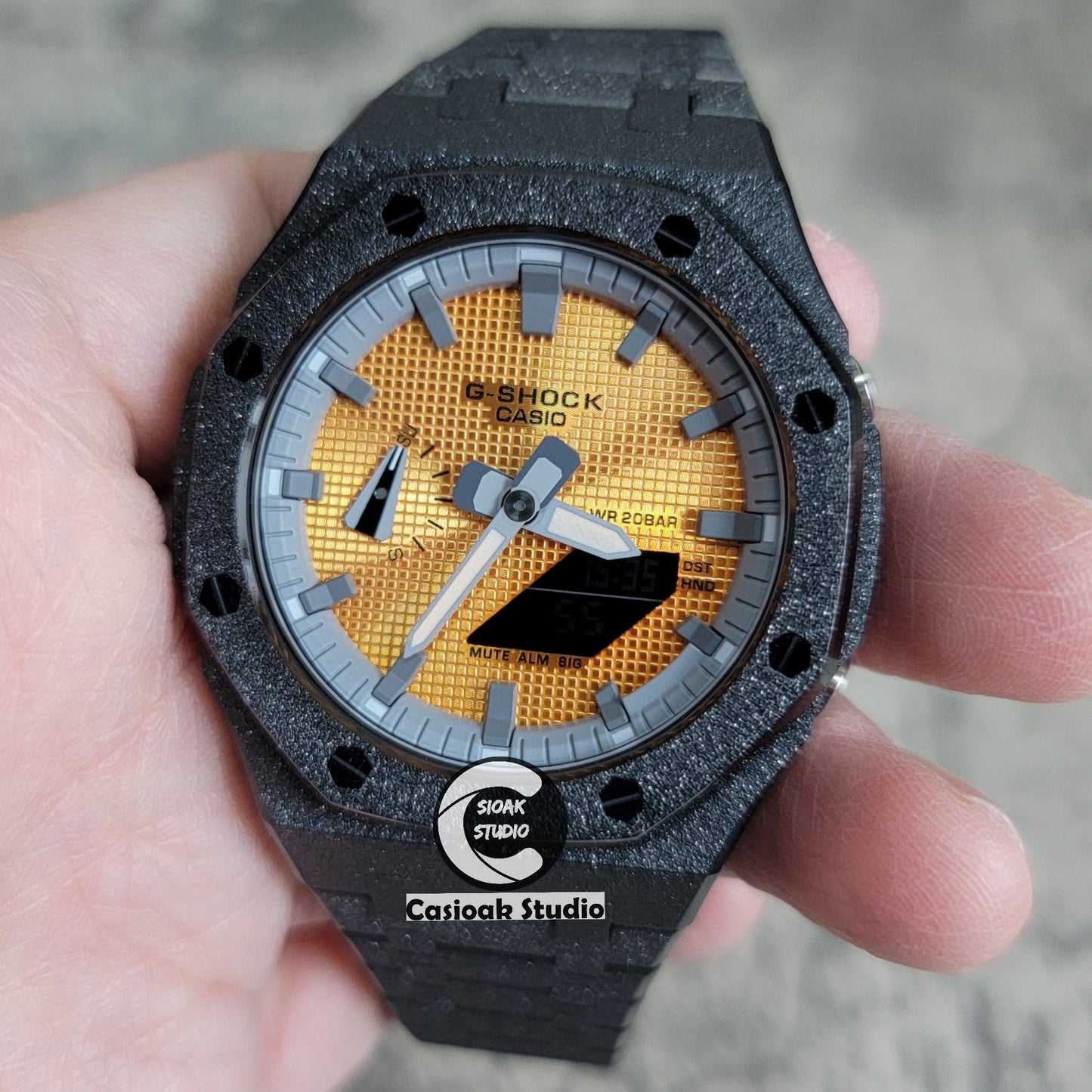 Casioak Mod Watch Frosted Black Case Metal Strap Gray Time Mark Gold Waffle Dial 44mm- Casioak Mod Casio G-Shock Royal Oak Custom Mens Luxury Watches Ga2100