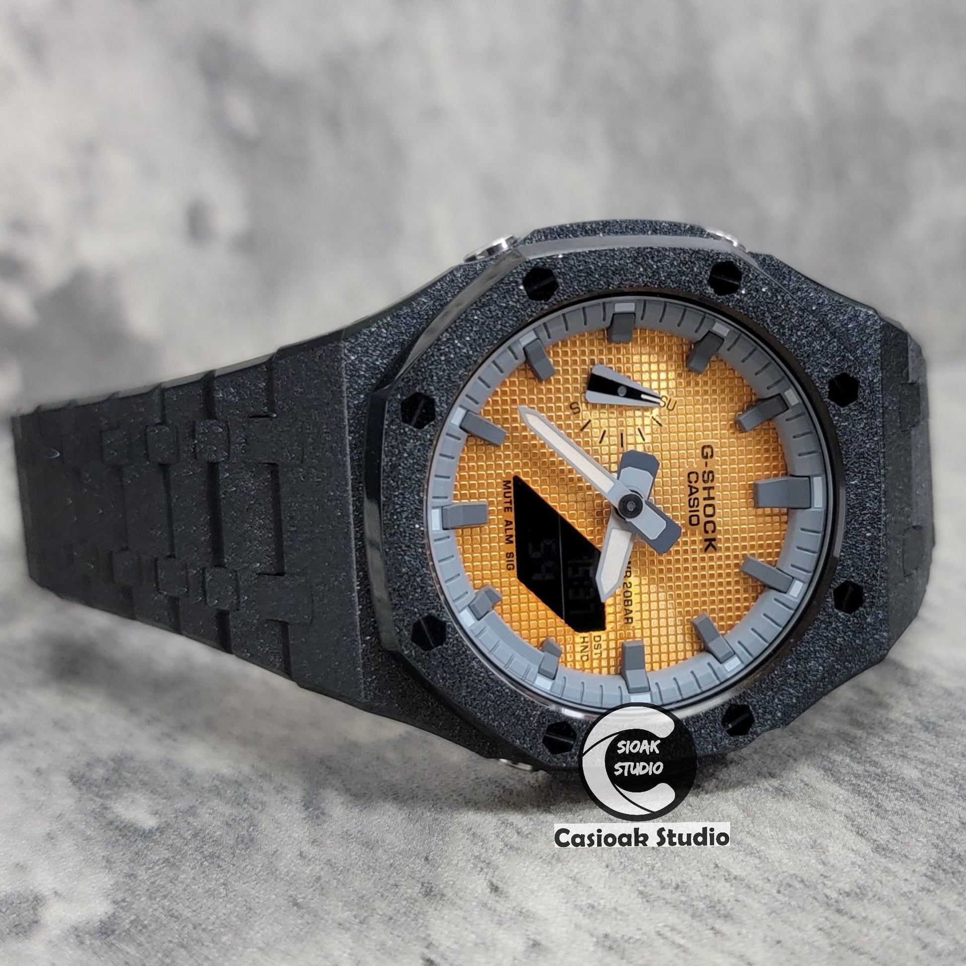 Casioak Mod Watch Frosted Black Case Metal Strap Gray Time Mark Gold Waffle Dial 44mm- Casioak Mod Casio G-Shock Royal Oak Custom Mens Luxury Watches Ga2100