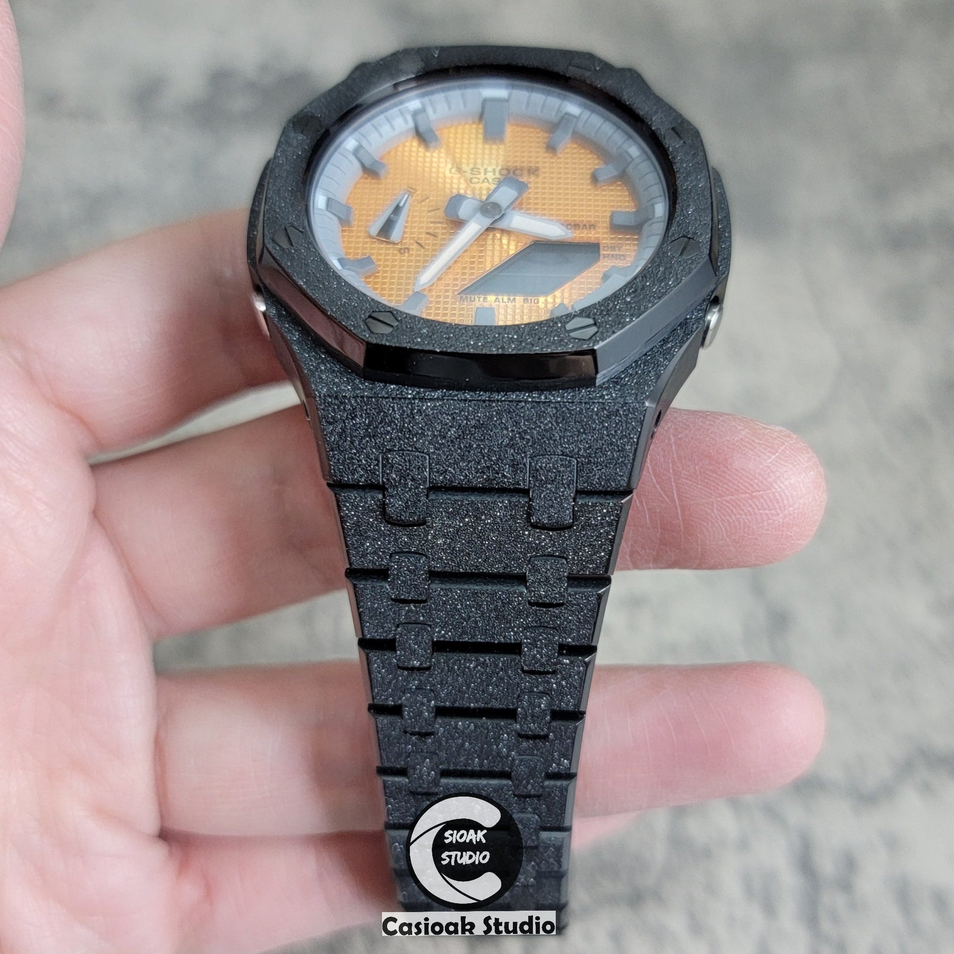 Casioak Mod Watch Frosted Black Case Metal Strap Gray Time Mark Gold Waffle Dial 44mm- Casioak Mod Casio G-Shock Royal Oak Custom Mens Luxury Watches Ga2100