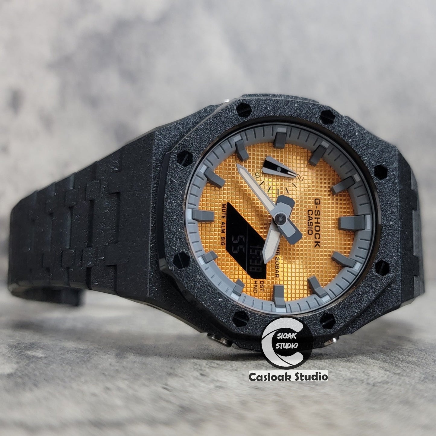 Casioak Mod Watch Frosted Black Case Metal Strap Gray Time Mark Gold Waffle Dial 44mm- Casioak Mod Casio G-Shock Royal Oak Custom Mens Luxury Watches Ga2100