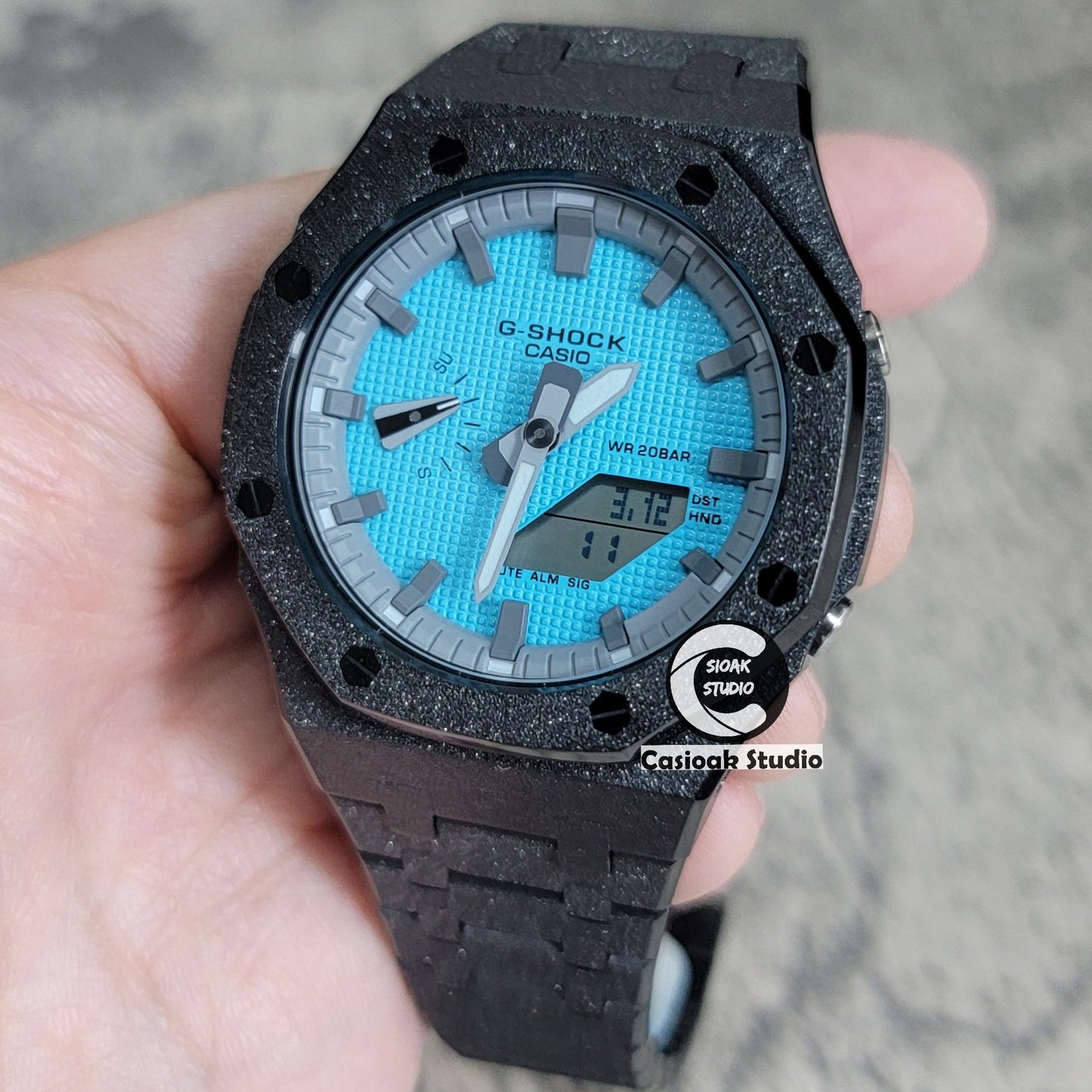 Casioak Mod Watch Frosted Black Case Metal Strap Gray Time Mark Tiff Blue Dial 44mm- Casioak Mod Casio G-Shock Royal Oak Custom Mens Luxury Watches Ga2100