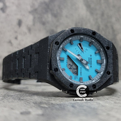 Casioak Mod Watch Frosted Black Case Metal Strap Gray Time Mark Tiff Blue Dial 44mm- Casioak Mod Casio G-Shock Royal Oak Custom Mens Luxury Watches Ga2100