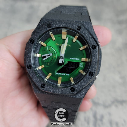 Casioak Mod Watch Frosted Black Case Metal Strap Green Gold Time Mark Green Dial 44mm- Casioak Mod Casio G-Shock Royal Oak Custom Mens Luxury Watches Ga2100