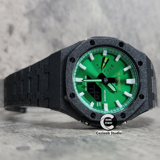 Casioak Mod Watch Frosted Black Case Metal Strap Green White Time Mark Green Dial 44mm- Casioak Mod Casio G-Shock Royal Oak Custom Mens Luxury Watches Ga2100