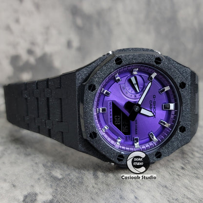 Casioak Mod Watch Frosted Black Case Metal Strap Purple Silver Time Mark Purple Dial 44mm- Casioak Mod Casio G-Shock Royal Oak Custom Mens Luxury Watches Ga2100