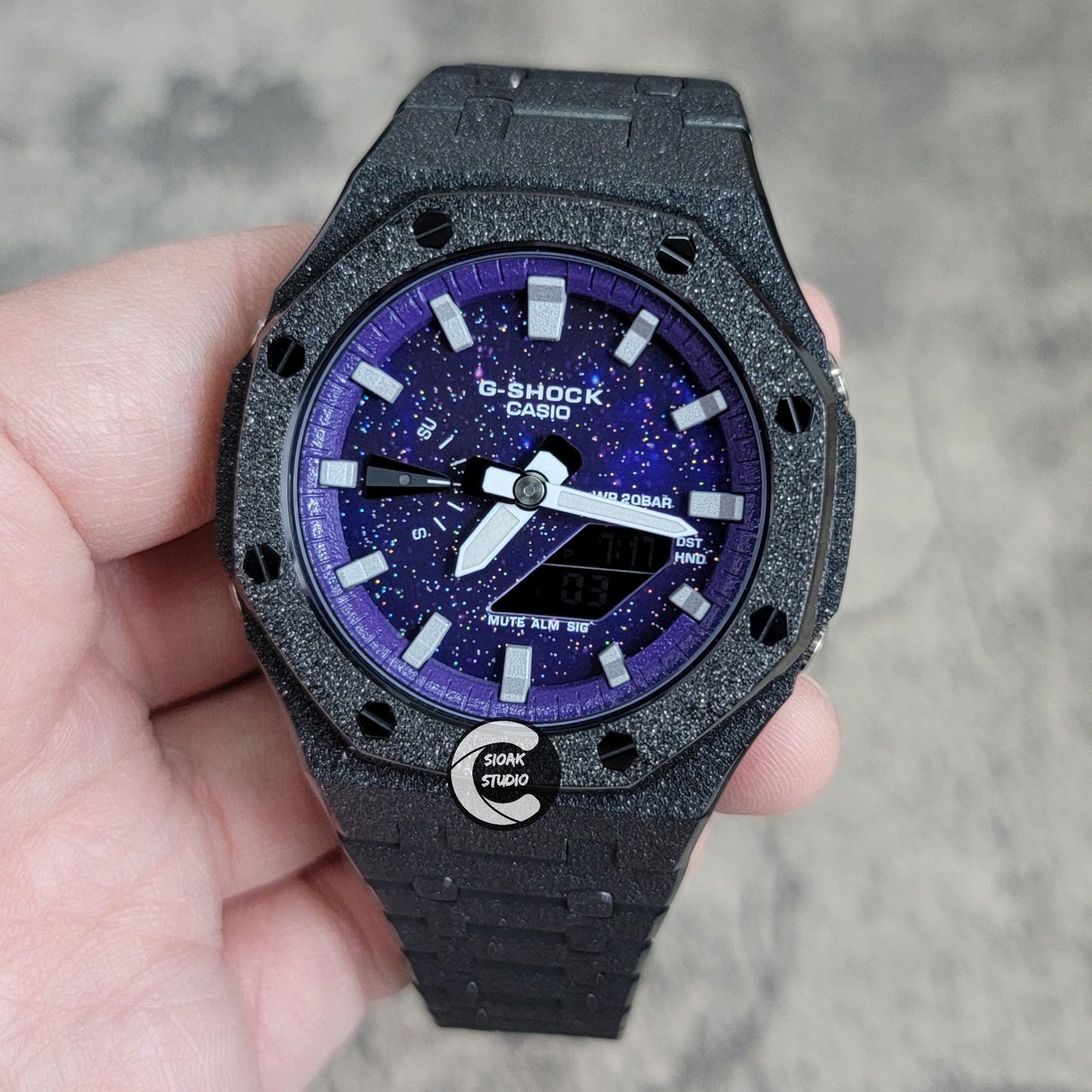 Casioak Mod Watch Frosted Black Case Metal Strap Purple Silver Time Mark Purple Dial 44mm- Casioak Mod Casio G-Shock Royal Oak Custom Mens Luxury Watches Ga2100