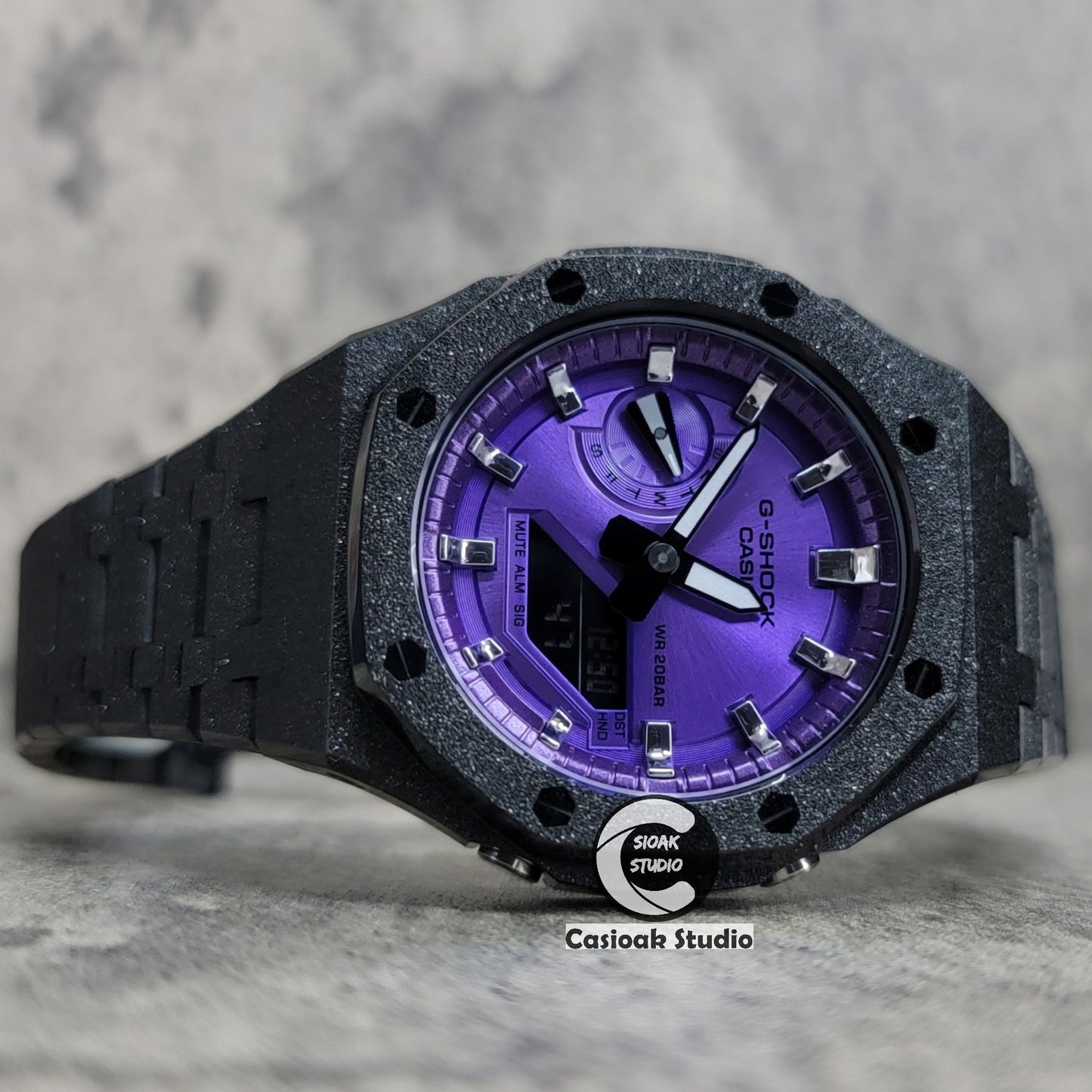 Casioak Mod Watch Frosted Black Case Metal Strap Purple Silver Time Mark Purple Dial 44mm- Casioak Mod Casio G-Shock Royal Oak Custom Mens Luxury Watches Ga2100