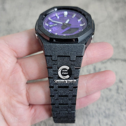 Casioak Mod Watch Frosted Black Case Metal Strap Purple Silver Time Mark Purple Dial 44mm- Casioak Mod Casio G-Shock Royal Oak Custom Mens Luxury Watches Ga2100