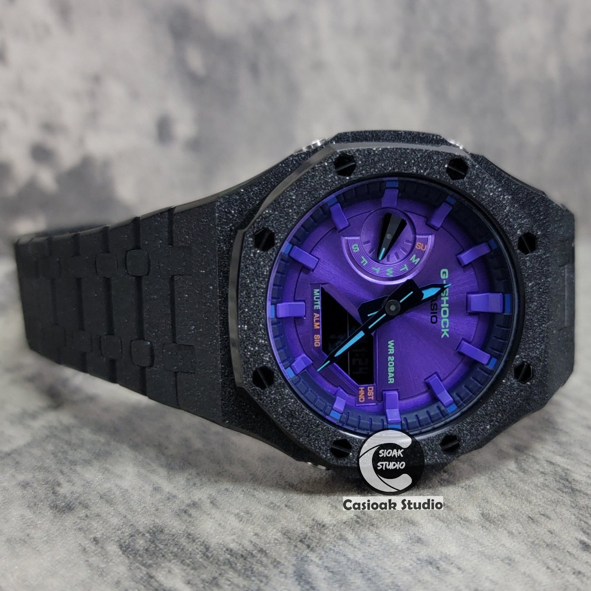 Casioak Mod Watch Frosted Black Case Metal Strap Purple Time Mark Purple Dial 44mm- Casioak Mod Casio G-Shock Royal Oak Custom Mens Luxury Watches Ga2100