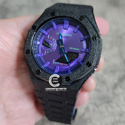 Casioak Mod Watch Frosted Black Case Metal Strap Purple Time Mark Purple Dial 44mm- Casioak Mod Casio G-Shock Royal Oak Custom Mens Luxury Watches Ga2100