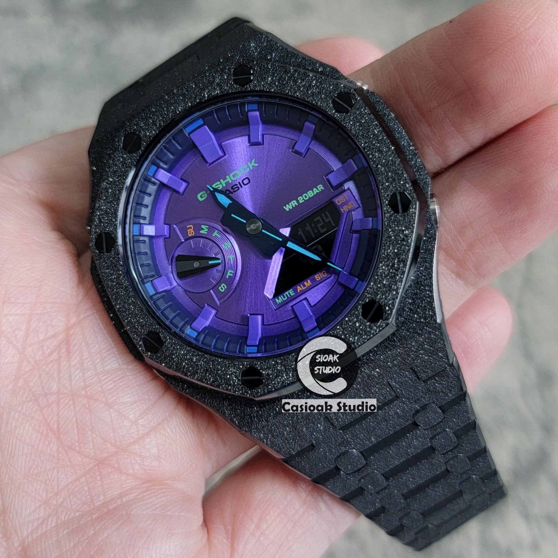 Casioak Mod Watch Frosted Black Case Metal Strap Purple Time Mark Purple Dial 44mm- Casioak Mod Casio G-Shock Royal Oak Custom Mens Luxury Watches Ga2100