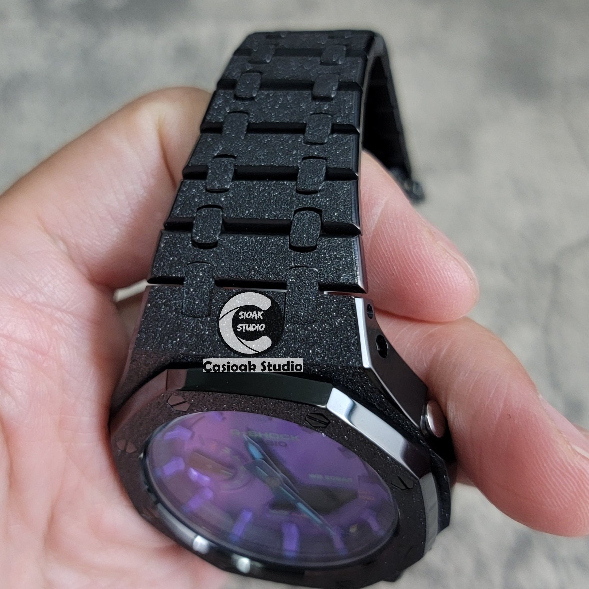 Casioak Mod Watch Frosted Black Case Metal Strap Purple Time Mark Purple Dial 44mm- Casioak Mod Casio G-Shock Royal Oak Custom Mens Luxury Watches Ga2100