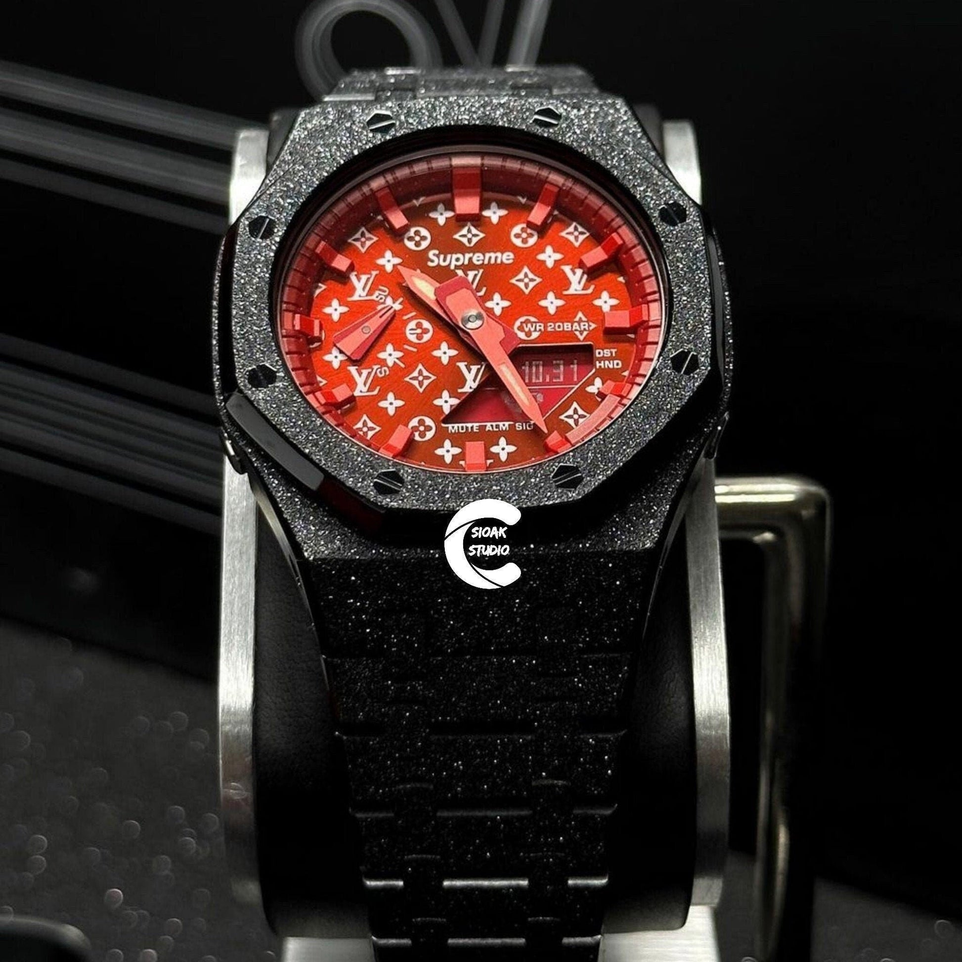 Casioak Mod Watch Frosted Black Case Metal Strap Red Time Mark Red Dial 44mm- Casioak Mod Casio G-Shock Royal Oak Custom Mens Luxury Watches Ga2100