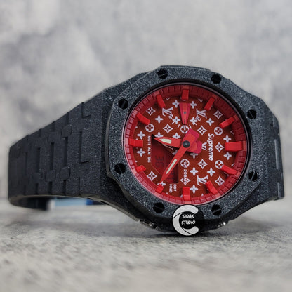 Casioak Mod Watch Frosted Black Case Metal Strap Red Time Mark Red Dial 44mm- Casioak Mod Casio G-Shock Royal Oak Custom Mens Luxury Watches Ga2100