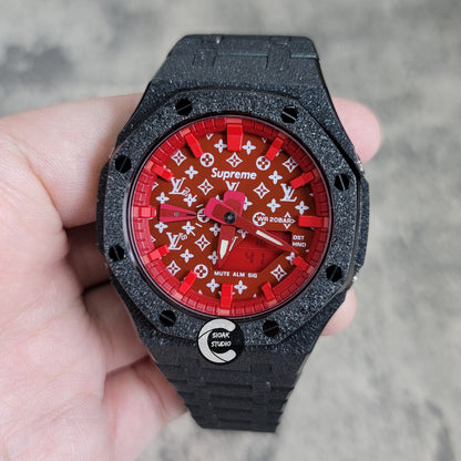 Casioak Mod Watch Frosted Black Case Metal Strap Red Time Mark Red Dial 44mm- Casioak Mod Casio G-Shock Royal Oak Custom Mens Luxury Watches Ga2100