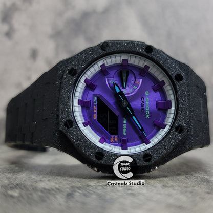 Casioak Mod Watch Frosted Black Case Metal Strap Silver Purple Time Mark Purple Dial 44mm- Casioak Mod Casio G-Shock Royal Oak Custom Mens Luxury Watches Ga2100