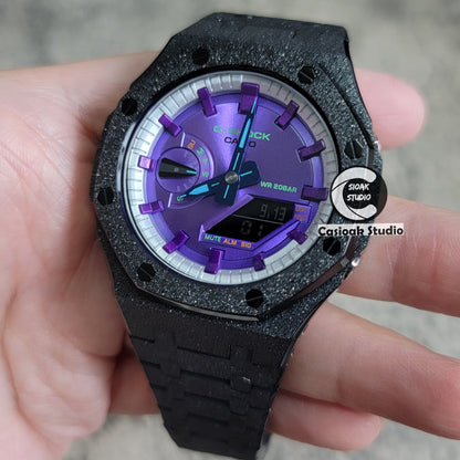 Casioak Mod Watch Frosted Black Case Metal Strap Silver Purple Time Mark Purple Dial 44mm- Casioak Mod Casio G-Shock Royal Oak Custom Mens Luxury Watches Ga2100