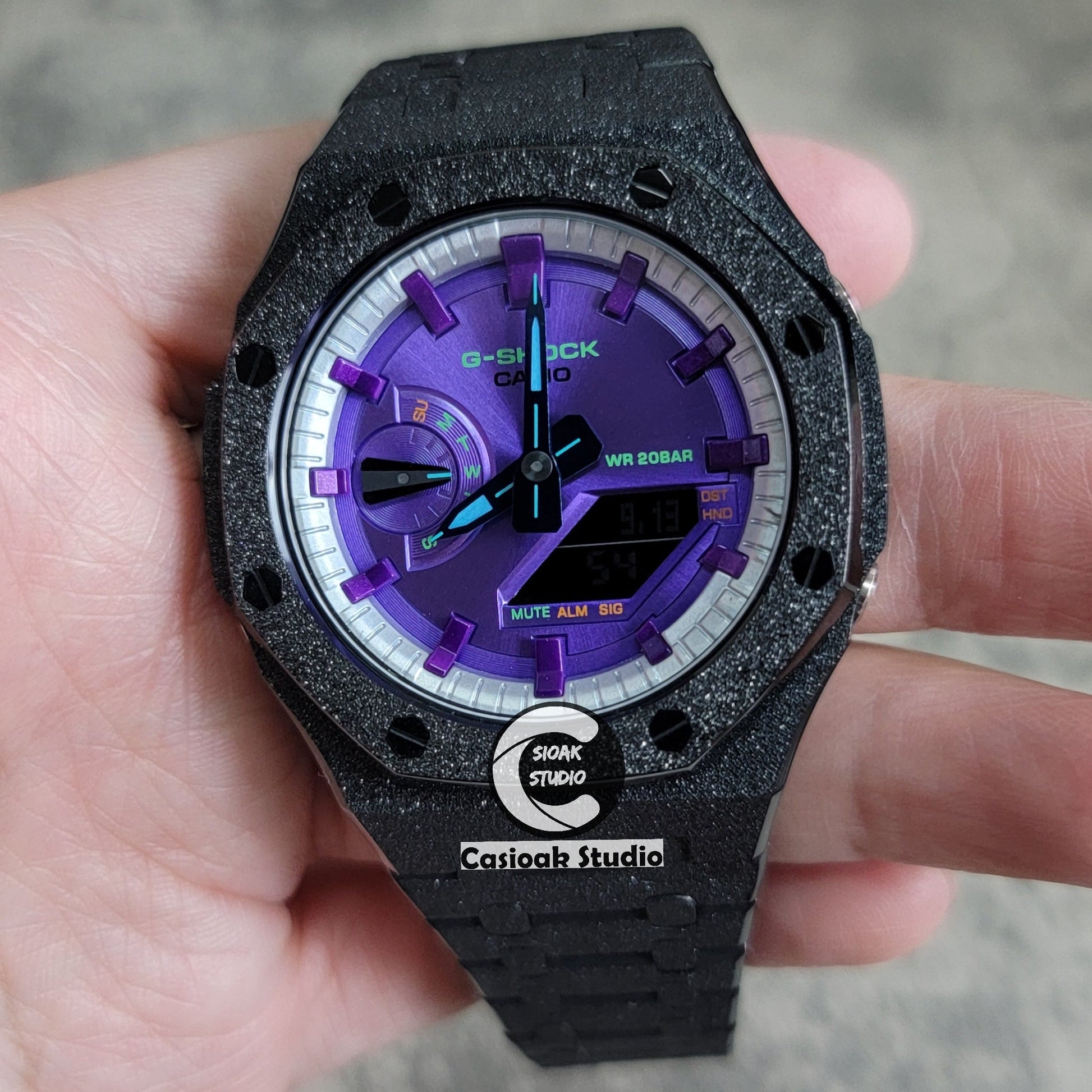 Casioak Mod Watch Frosted Black Case Metal Strap Silver Purple Time Mark Purple Dial 44mm- Casioak Mod Casio G-Shock Royal Oak Custom Mens Luxury Watches Ga2100