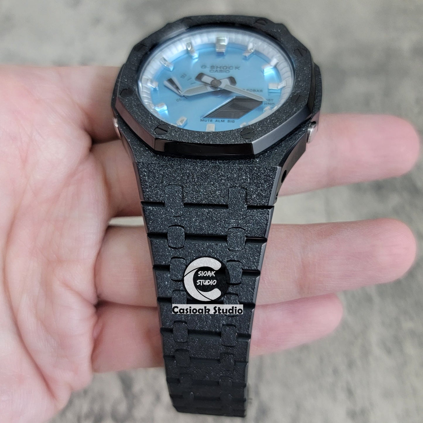 Casioak Mod Watch Frosted Black Case Metal Strap Silver Time Mark Ice Blue Dial 44mm- Casioak Mod Casio G-Shock Royal Oak Custom Mens Luxury Watches Ga2100