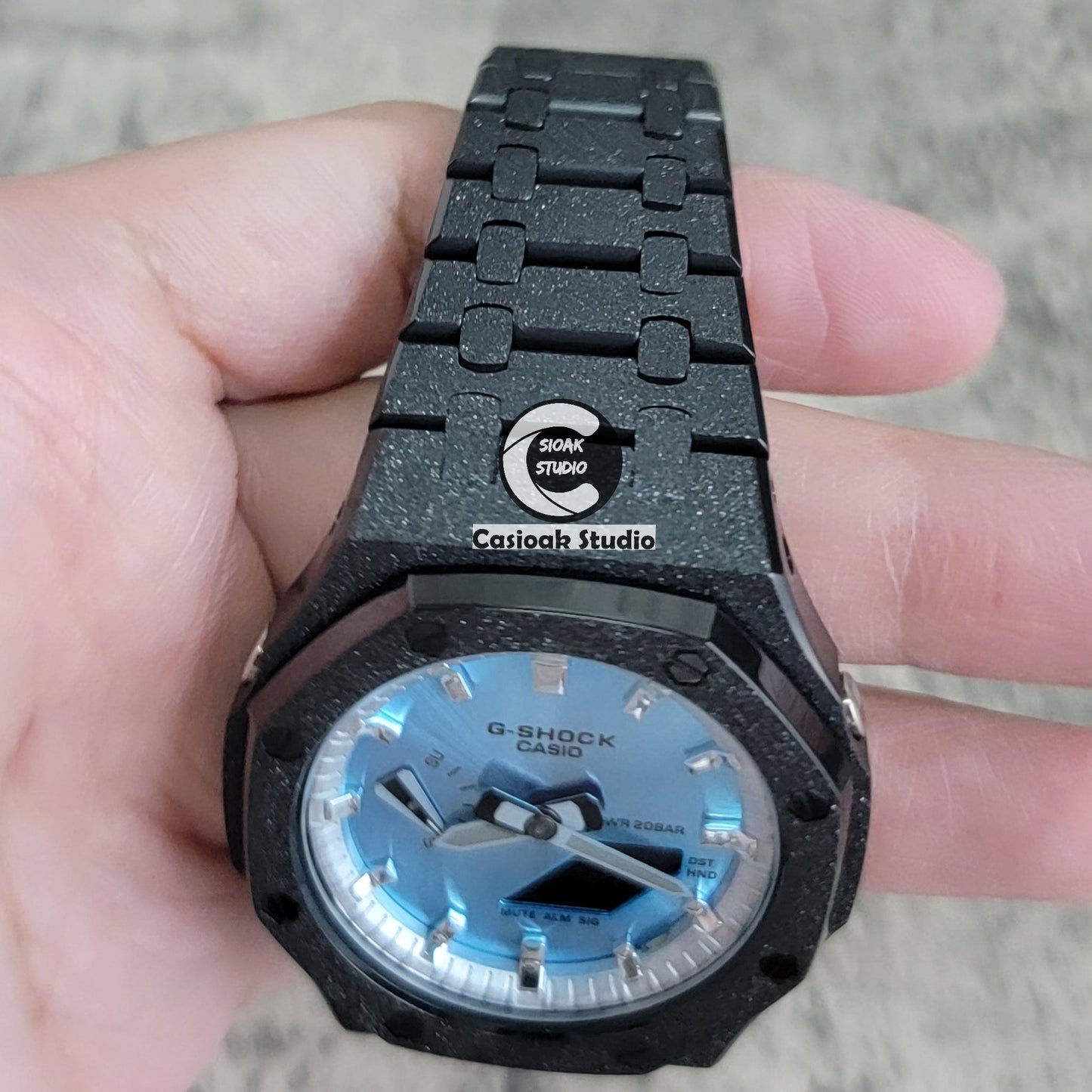 Casioak Mod Watch Frosted Black Case Metal Strap Silver Time Mark Ice Blue Dial 44mm- Casioak Mod Casio G-Shock Royal Oak Custom Mens Luxury Watches Ga2100