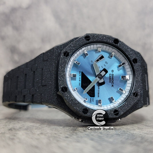 Casioak Mod Watch Frosted Black Case Metal Strap Silver Time Mark Ice Blue Dial 44mm- Casioak Mod Casio G-Shock Royal Oak Custom Mens Luxury Watches Ga2100