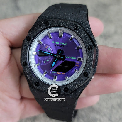 Casioak Mod Watch Frosted Black Case Metal Strap Silver Time Mark Purple Dial 44mm- Casioak Mod Casio G-Shock Royal Oak Custom Mens Luxury Watches Ga2100