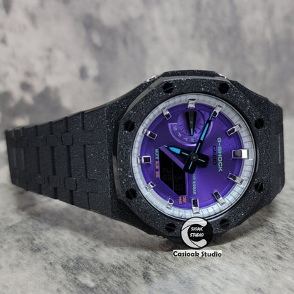 Casioak Mod Watch Frosted Black Case Metal Strap Silver Time Mark Purple Dial 44mm- Casioak Mod Casio G-Shock Royal Oak Custom Mens Luxury Watches Ga2100