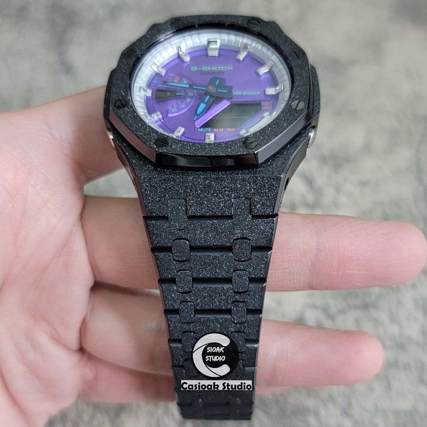 Casioak Mod Watch Frosted Black Case Metal Strap Silver Time Mark Purple Dial 44mm- Casioak Mod Casio G-Shock Royal Oak Custom Mens Luxury Watches Ga2100