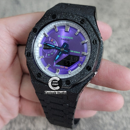 Casioak Mod Watch Frosted Black Case Metal Strap Silver Time Mark Purple Dial 44mm- Casioak Mod Casio G-Shock Royal Oak Custom Mens Luxury Watches Ga2100