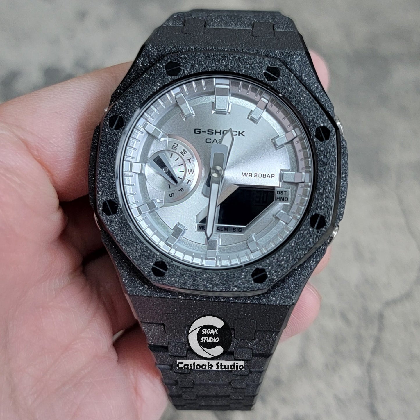 Casioak Mod Watch Frosted Black Case Metal Strap Silver Time Mark Silver Dial 44mm- Casioak Mod Casio G-Shock Royal Oak Custom Mens Luxury Watches Ga2100