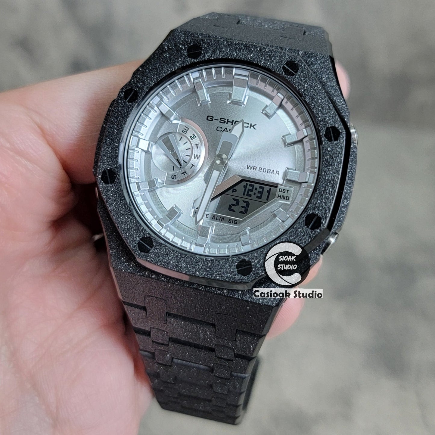 Casioak Mod Watch Frosted Black Case Metal Strap Silver Time Mark Silver Dial 44mm- Casioak Mod Casio G-Shock Royal Oak Custom Mens Luxury Watches Ga2100